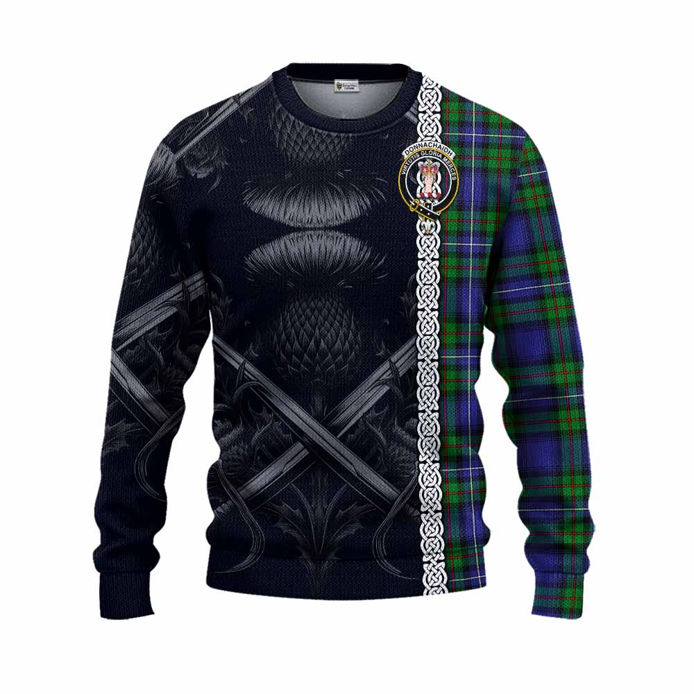 Tartan Vibes Clothing Donnachaidh Tartan Knitted Sweater with Family Crest Cross Sword Thistle Celtic Vibes