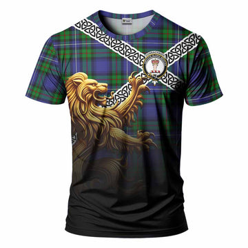 Donnachaidh Crest Tartan T-Shirt with Golden Lion Emblem Celtic Style