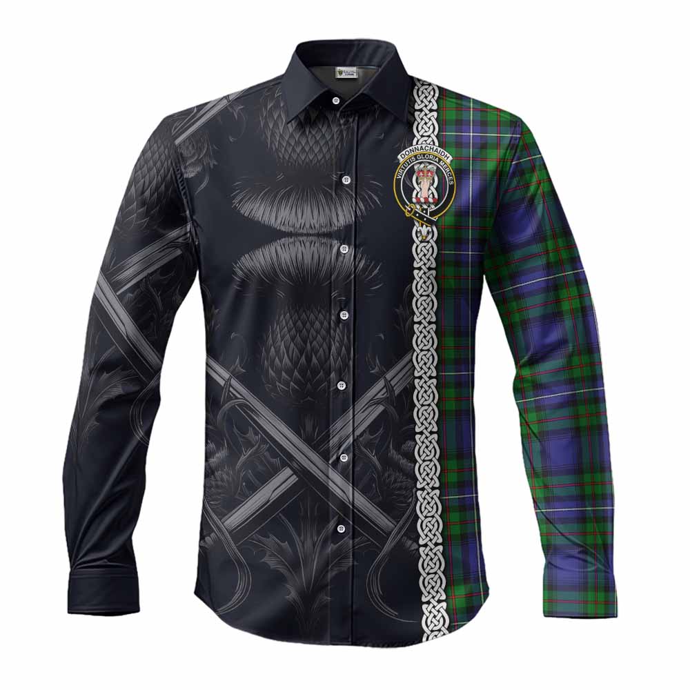 Tartan Vibes Clothing Donnachaidh Tartan Long Sleeve Button Shirt with Family Crest Cross Sword Thistle Celtic Vibes