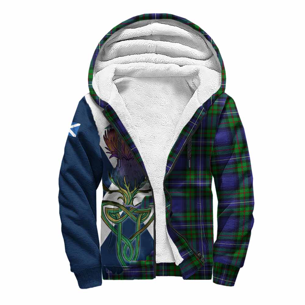 Tartan Vibes Clothing Donnachaidh Tartan Family Crest Sherpa Hoodie Scottish Thistle Celtic Inspired