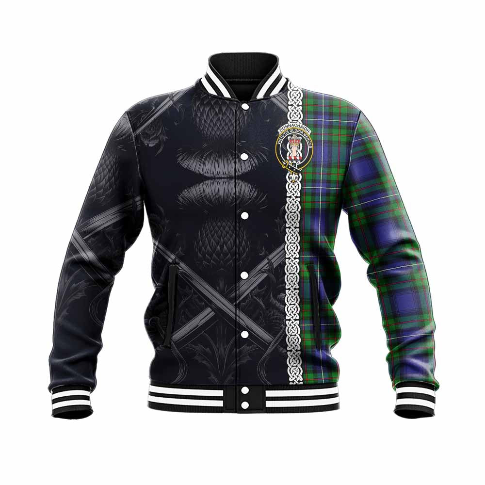 Tartan Vibes Clothing Donnachaidh Tartan Baseball Jacket with Family Crest Cross Sword Thistle Celtic Vibes