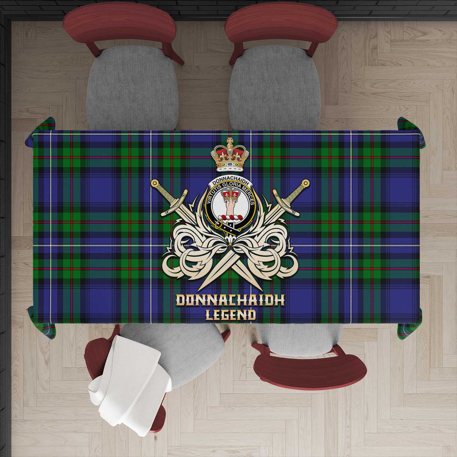 Tartan Vibes Clothing Donnachaidh Tartan Tablecloth with Clan Crest and the Golden Sword of Courageous Legacy