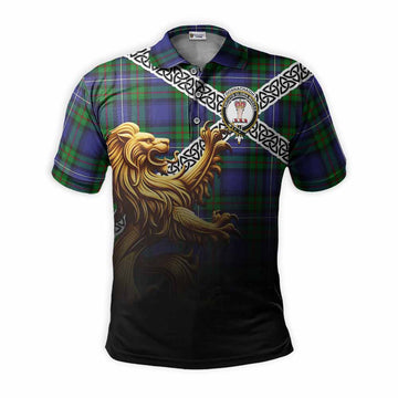 Donnachaidh Crest Tartan Polo Shirt with Golden Lion Emblem Celtic Style