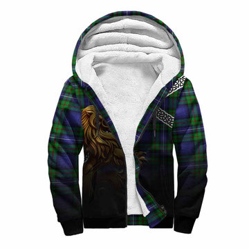 Donnachaidh Crest Tartan Sherpa Hoodie with Golden Lion Emblem Celtic Style