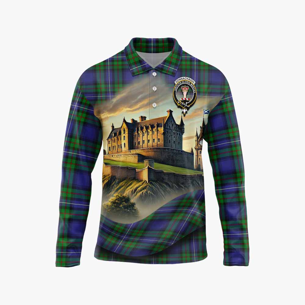 Tartan Vibes Clothing Donnachaidh Tartan Family Crest Long Sleeve Polo Shirt with Scottish Ancient Castle Style