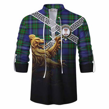 Donnachaidh Crest Tartan Ghillie Kilt Shirt with Golden Lion Emblem Celtic Style