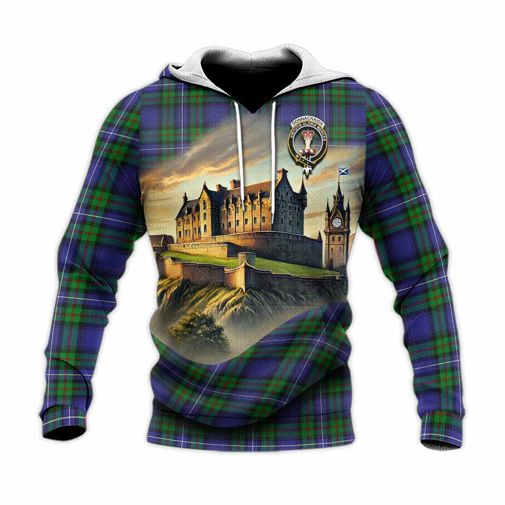 Tartan Vibes Clothing Donnachaidh Tartan Family Crest Knitted Hoodie with Scottish Ancient Castle Style