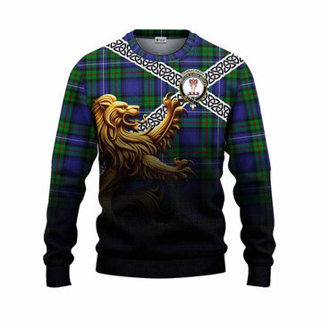 Donnachaidh Crest Tartan Knitted Sweater with Golden Lion Emblem Celtic Style
