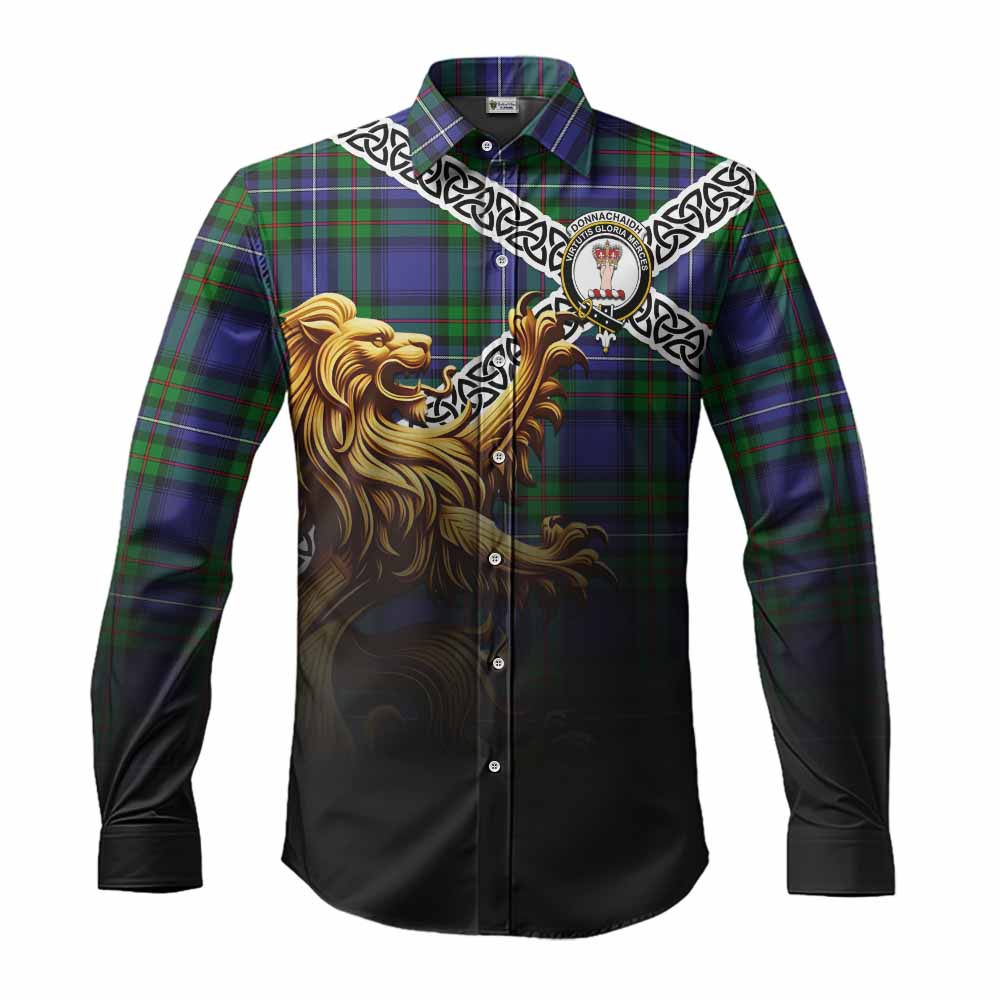 Tartan Vibes Clothing Donnachaidh Crest Tartan Long Sleeve Button Shirt with Golden Lion Emblem Celtic Style