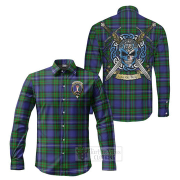 Donnachaidh Tartan Long Sleeve Button Shirt with Family Crest Celtic Skull Style