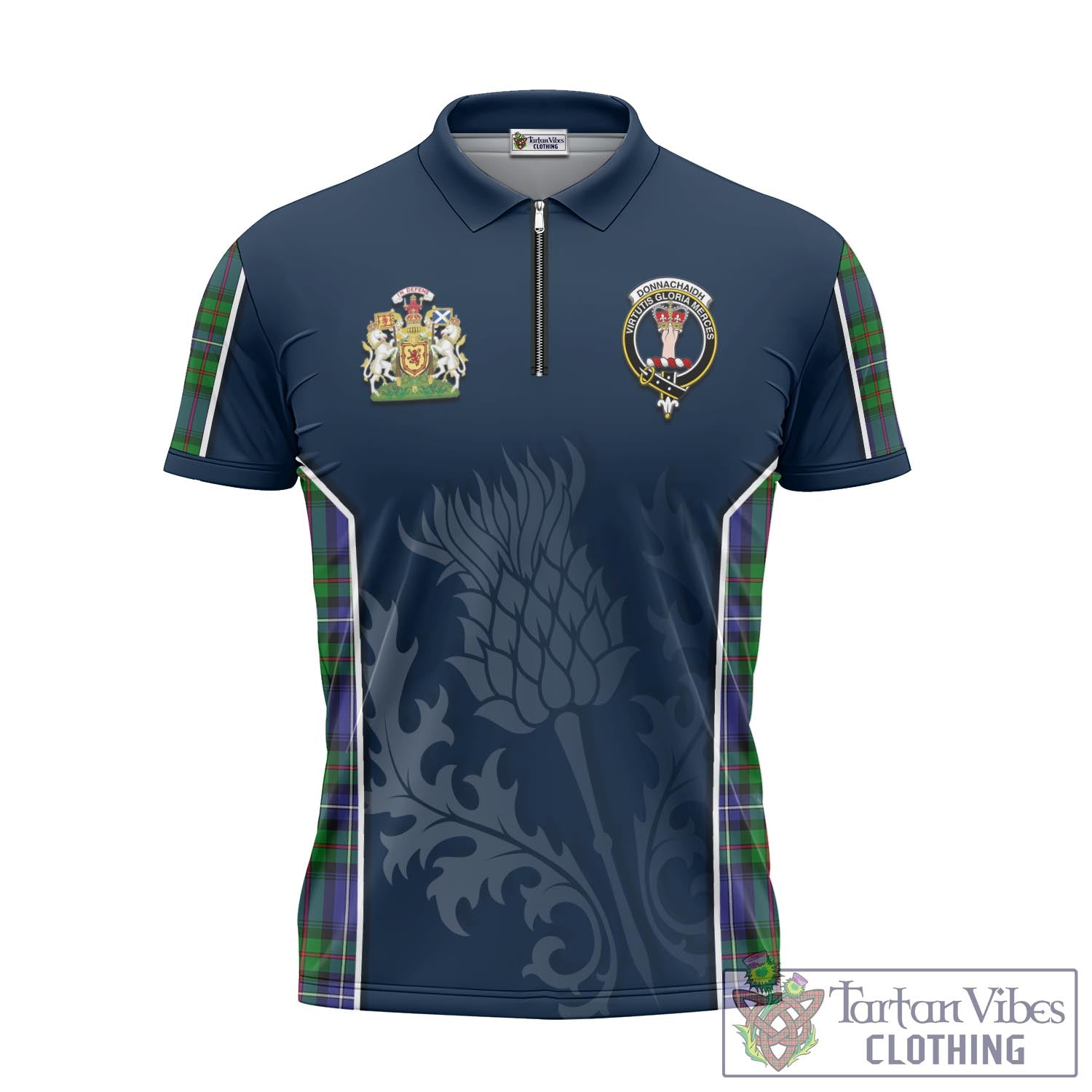 Tartan Vibes Clothing Donnachaidh Tartan Zipper Polo Shirt with Family Crest and Scottish Thistle Vibes Sport Style