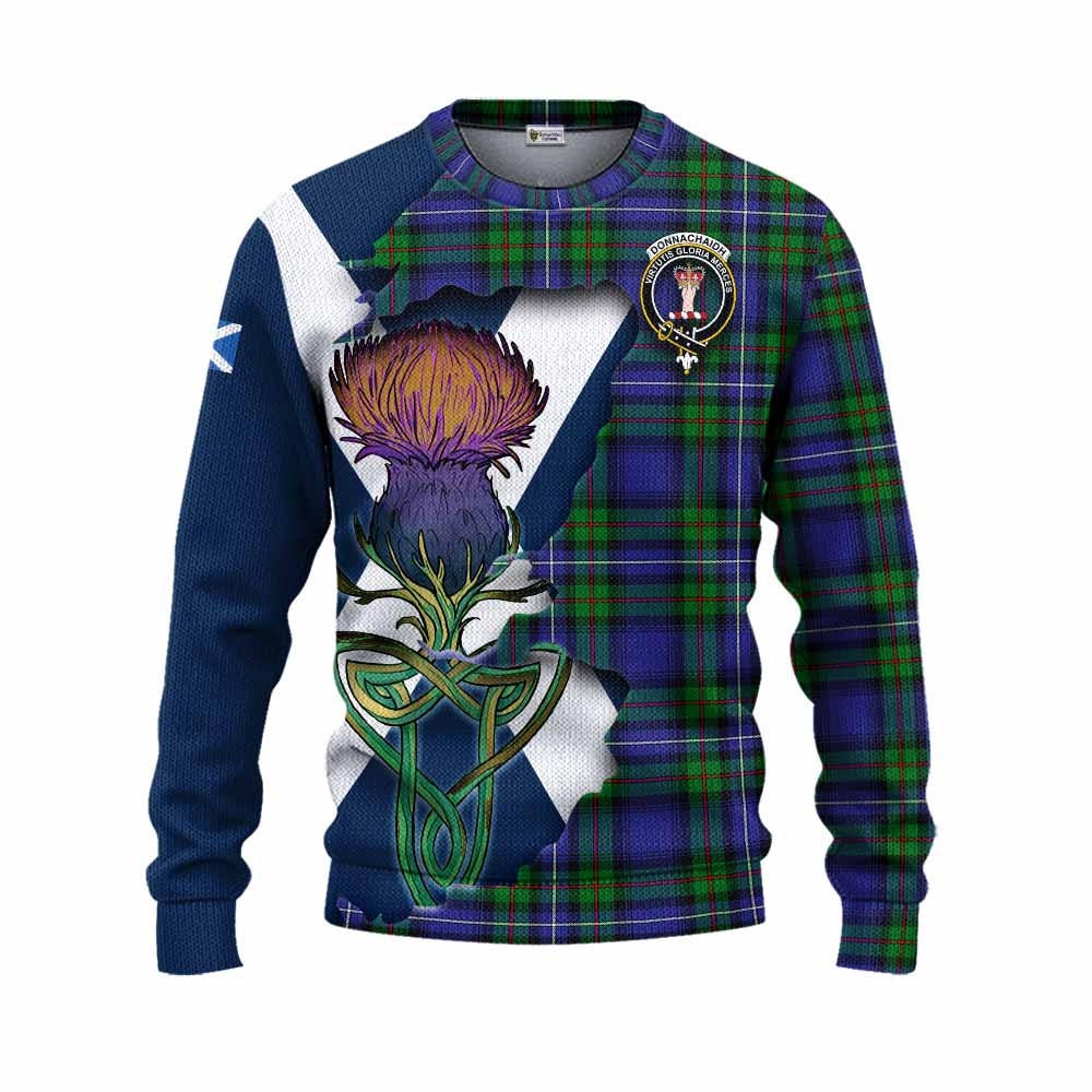 Tartan Vibes Clothing Donnachaidh Tartan Family Crest Knitted Sweater Scottish Thistle Celtic Inspired