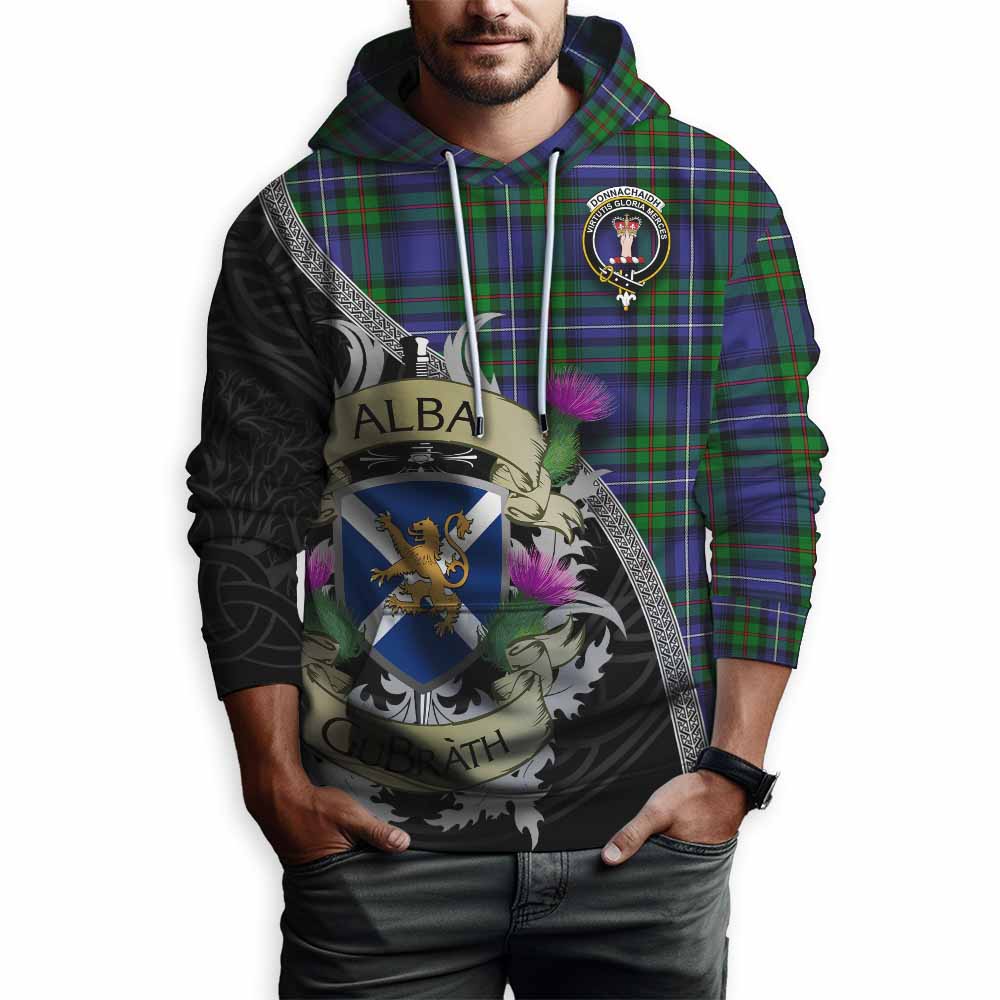Tartan Vibes Clothing Donnachaidh Tartan Family Crest Hoodie Lion Rampant Royal Thistle Shield Celtic Inspired