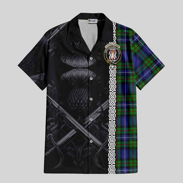 Donnachaidh Tartan Hawaiian Shirt with Family Crest Cross Sword Thistle Celtic Vibes