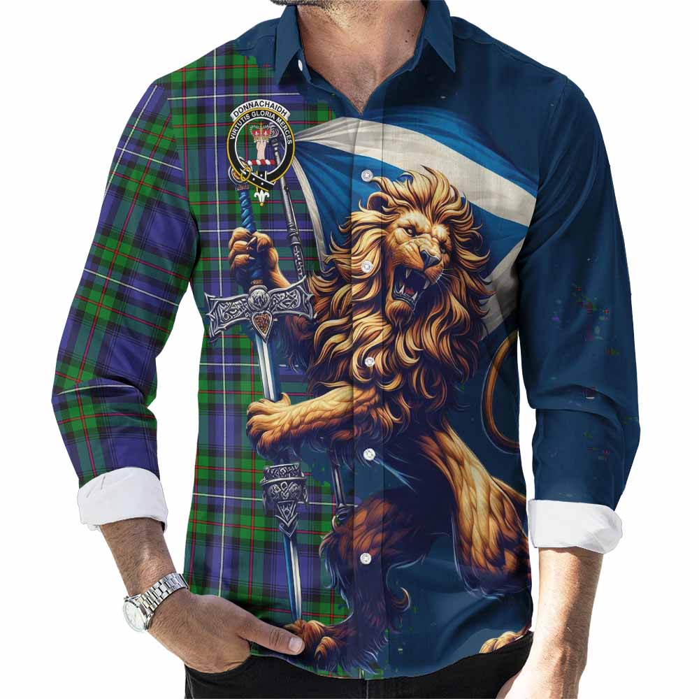 Tartan Vibes Clothing Donnachaidh Tartan Family Crest Long Sleeve Button Shirt with Scottish Majestic Lion