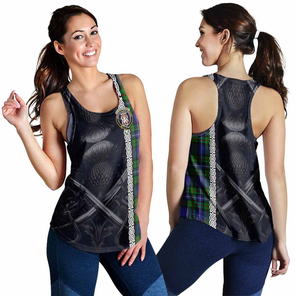 Tartan Vibes Clothing Donnachaidh Tartan Women's Racerback Tanks with Family Crest Cross Sword Thistle Celtic Vibes
