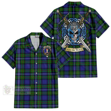 Donnachaidh Tartan Hawaiian Shirt with Family Crest Celtic Skull Style