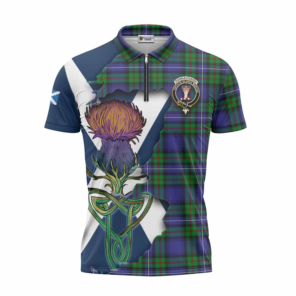 Tartan Vibes Clothing Donnachaidh Tartan Family Crest Zipper Polo Shirt Scottish Thistle Celtic Inspired