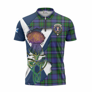 Donnachaidh Tartan Family Crest Zipper Polo Shirt Scottish Thistle Celtic Inspired