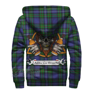 Donnachaidh Tartan Sherpa Hoodie with Family Crest and Bearded Skull Holding Bottles of Whiskey