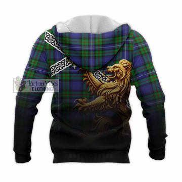Donnachaidh Crest Tartan Knitted Hoodie with Golden Lion Emblem Celtic Style