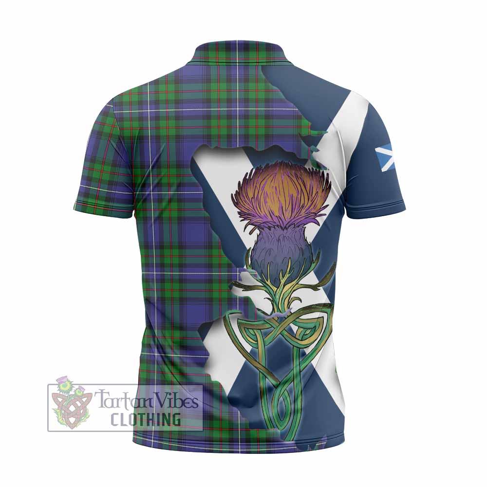 Tartan Vibes Clothing Donnachaidh Tartan Family Crest Zipper Polo Shirt Scottish Thistle Celtic Inspired