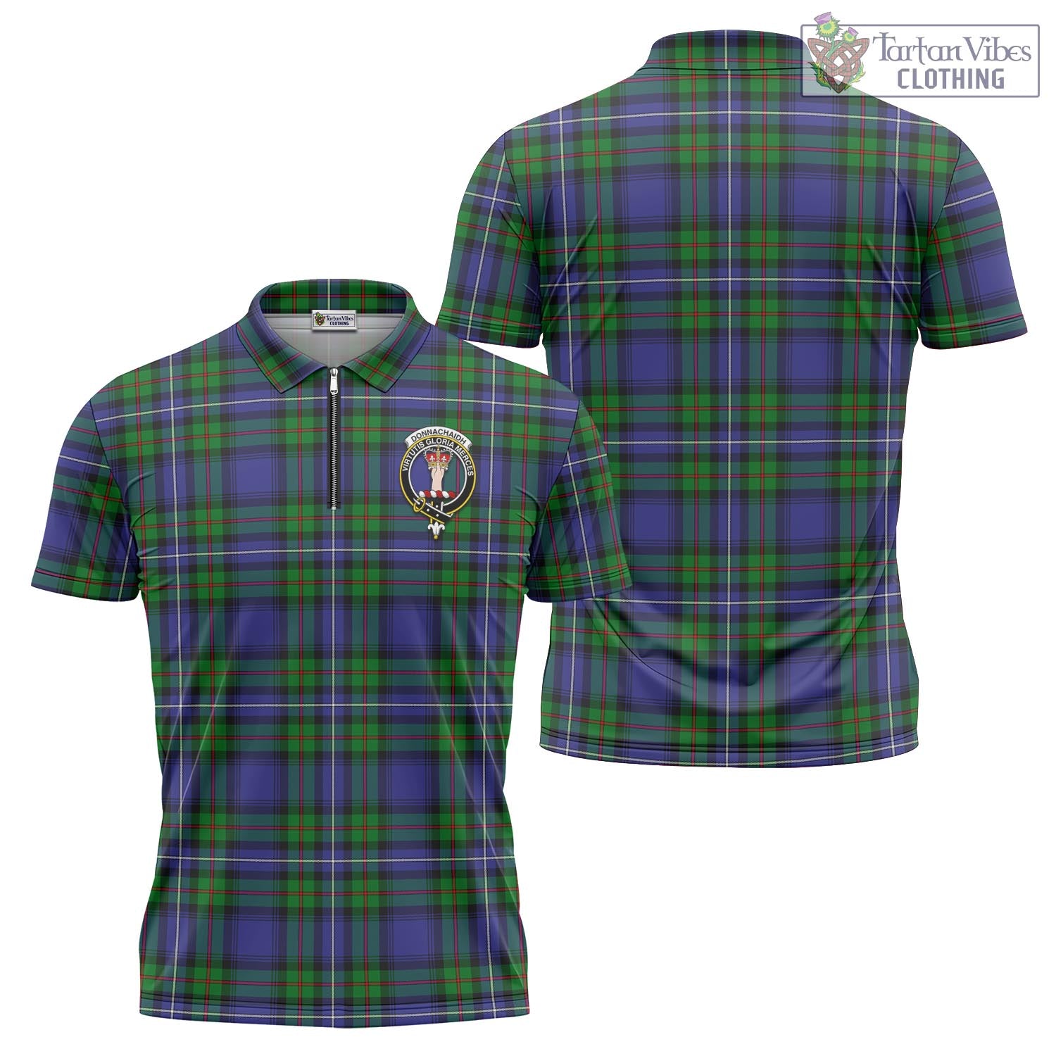 Tartan Vibes Clothing Donnachaidh Tartan Zipper Polo Shirt with Family Crest