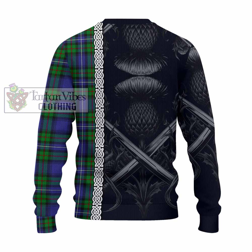 Tartan Vibes Clothing Donnachaidh Tartan Knitted Sweater with Family Crest Cross Sword Thistle Celtic Vibes