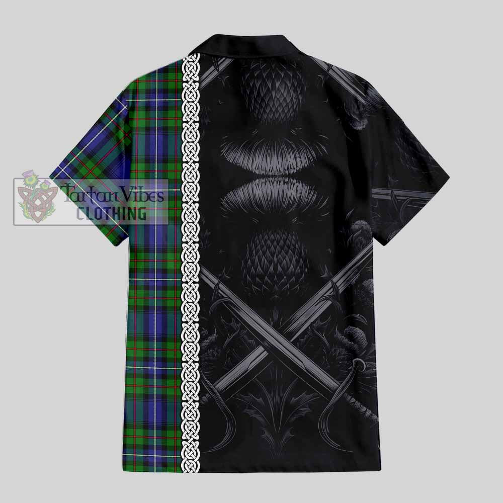 Tartan Vibes Clothing Donnachaidh Tartan Short Sleeve Button Shirt with Family Crest Cross Sword Thistle Celtic Vibes