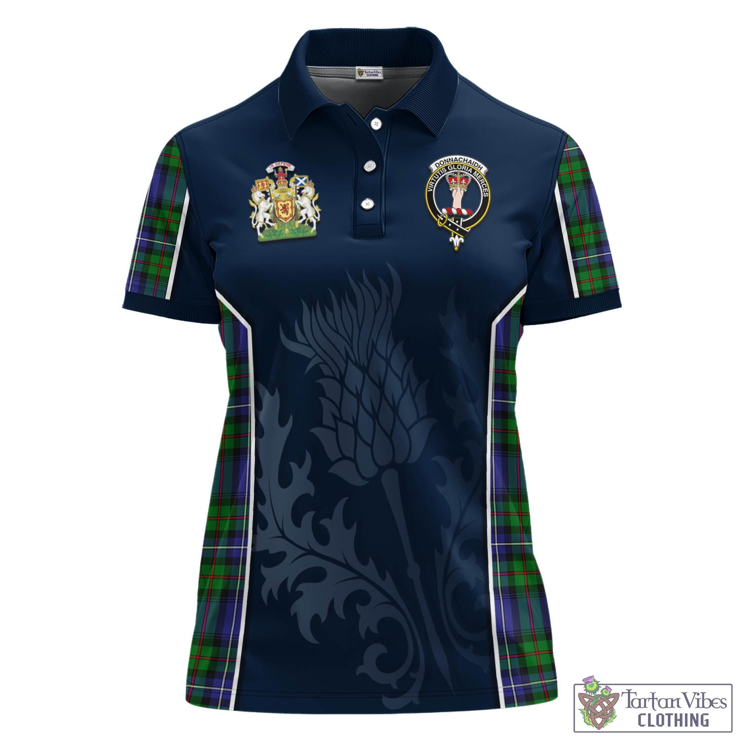 Tartan Vibes Clothing Donnachaidh Tartan Women's Polo Shirt with Family Crest and Scottish Thistle Vibes Sport Style