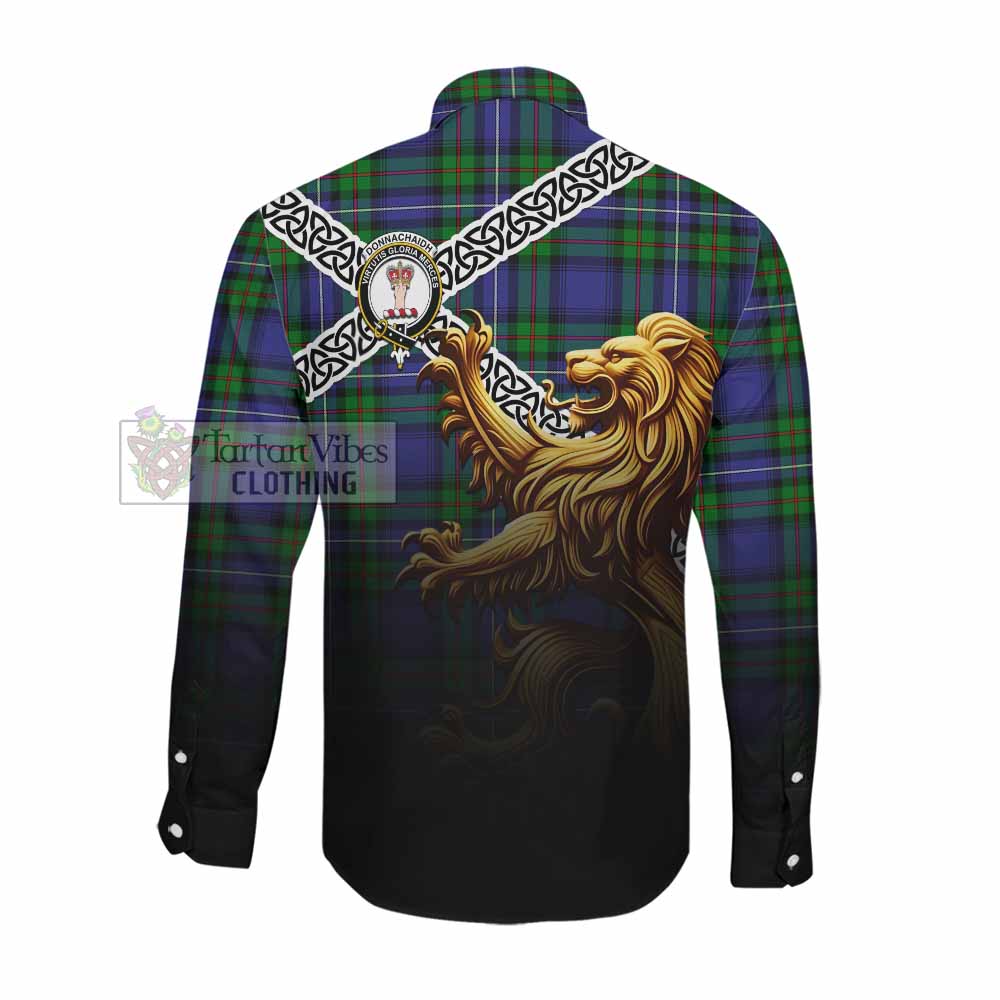 Tartan Vibes Clothing Donnachaidh Crest Tartan Long Sleeve Button Shirt with Golden Lion Emblem Celtic Style