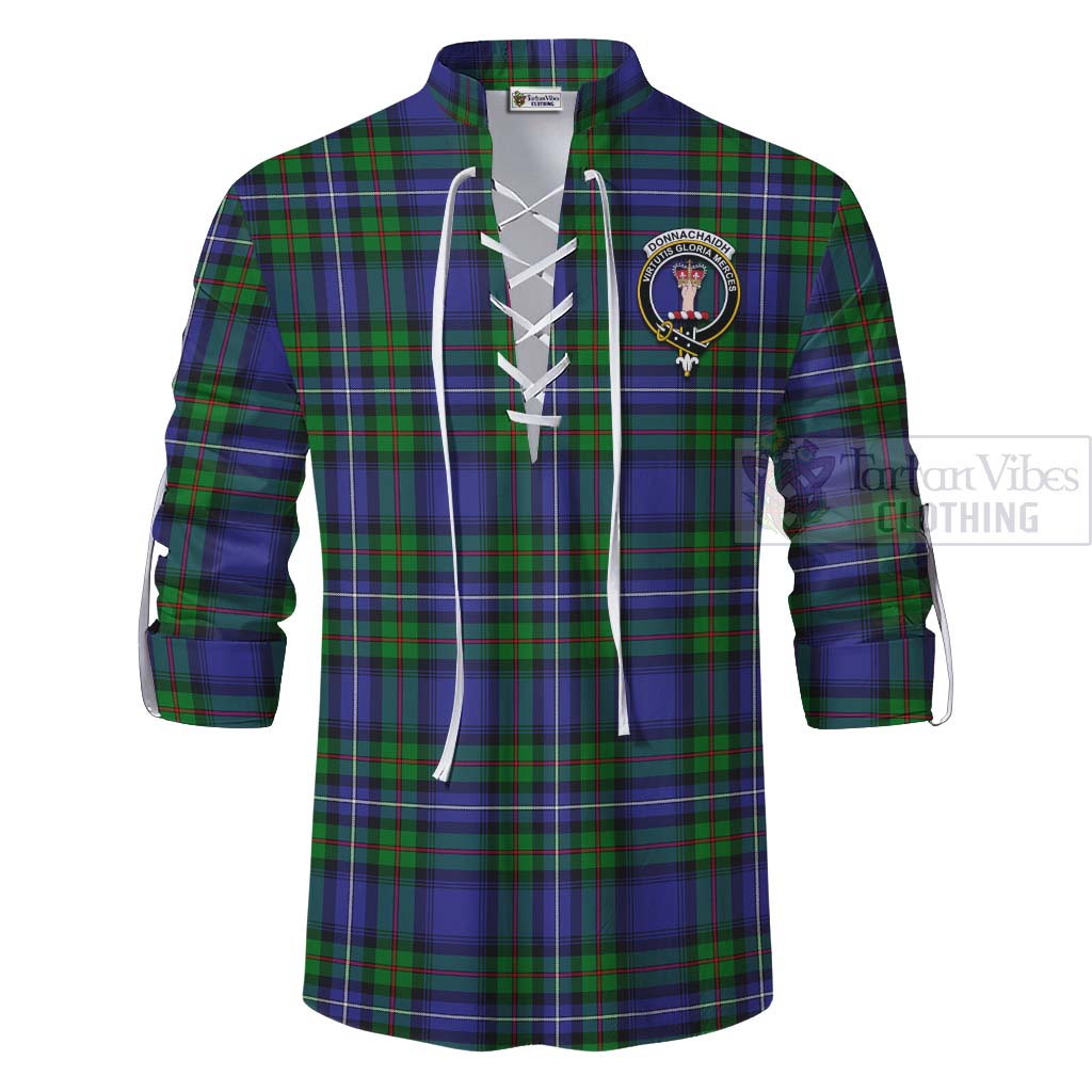 Tartan Vibes Clothing Donnachaidh Tartan Ghillie Kilt Shirt with Family Crest Celtic Skull Style