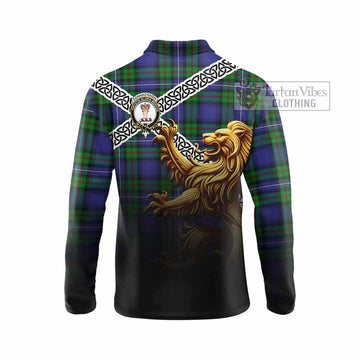Donnachaidh Crest Tartan Long Sleeve Polo Shirt with Golden Lion Emblem Celtic Style