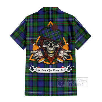 Donnachaidh Tartan Hawaiian Shirt with Family Crest and Bearded Skull Holding Bottles of Whiskey