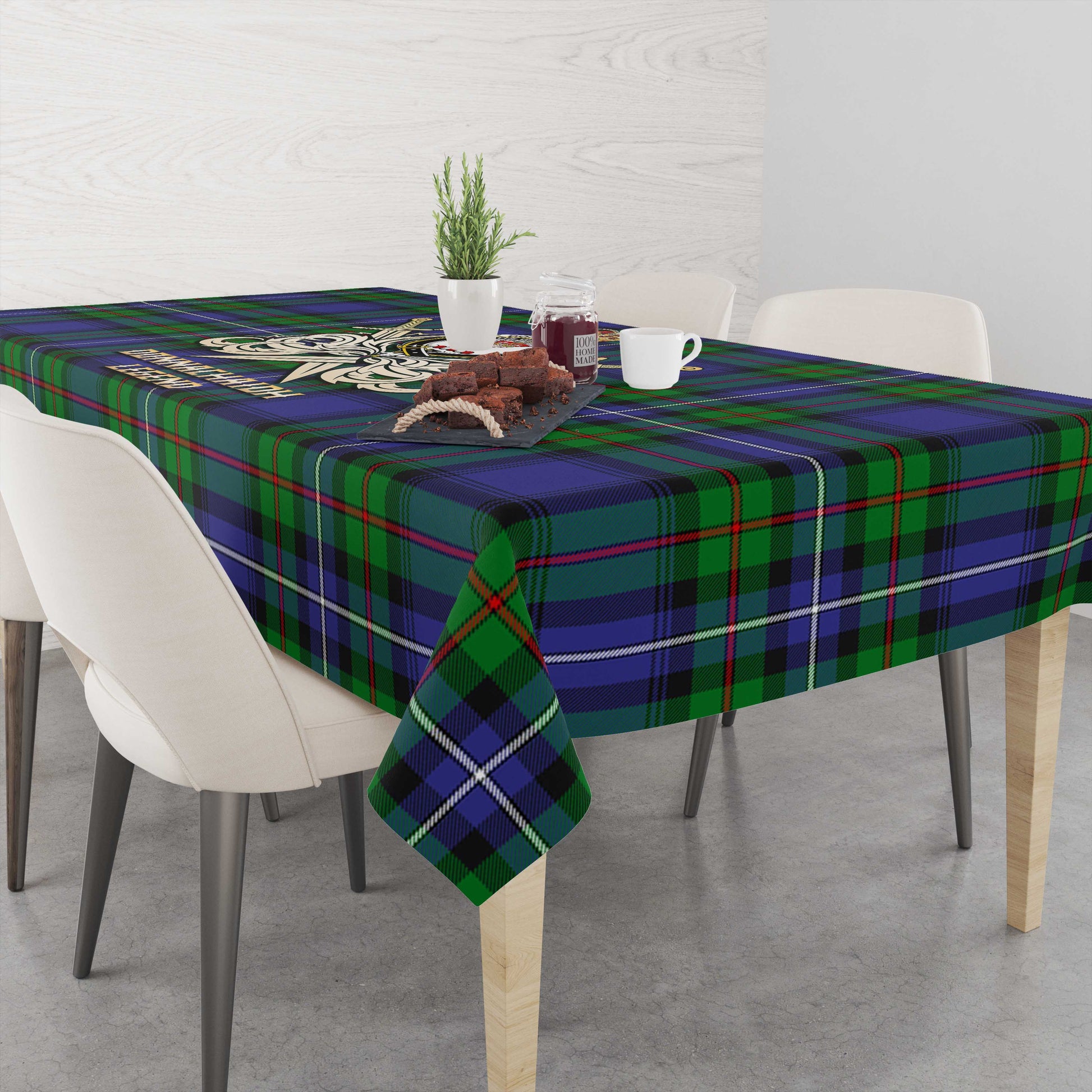 Tartan Vibes Clothing Donnachaidh Tartan Tablecloth with Clan Crest and the Golden Sword of Courageous Legacy
