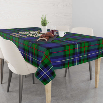 Donnachaidh Tartan Tablecloth with Clan Crest and the Golden Sword of Courageous Legacy