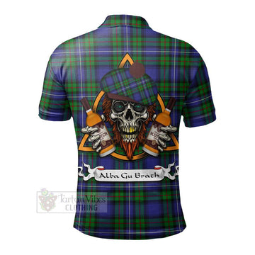 Tartan Vibes Clothing Donnachaidh Tartan Polo Shirt with Family Crest and Bearded Skull Holding Bottles of Whiskey