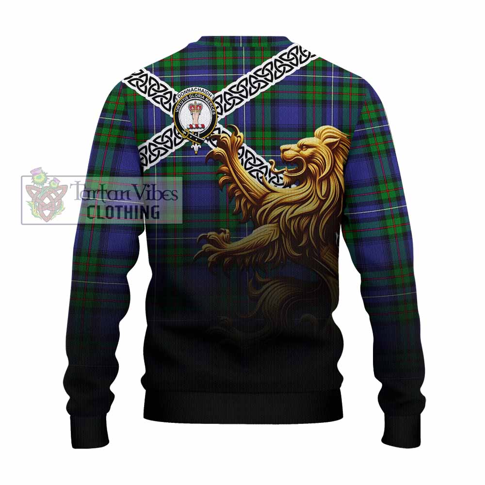 Tartan Vibes Clothing Donnachaidh Crest Tartan Knitted Sweater with Golden Lion Emblem Celtic Style