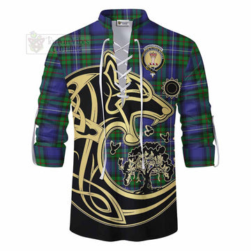 Tartan Vibes Clothing Donnachaidh Tartan Ghillie Kilt Shirt with Family Crest Celtic Wolf Style