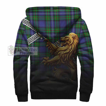 Donnachaidh Crest Tartan Sherpa Hoodie with Golden Lion Emblem Celtic Style