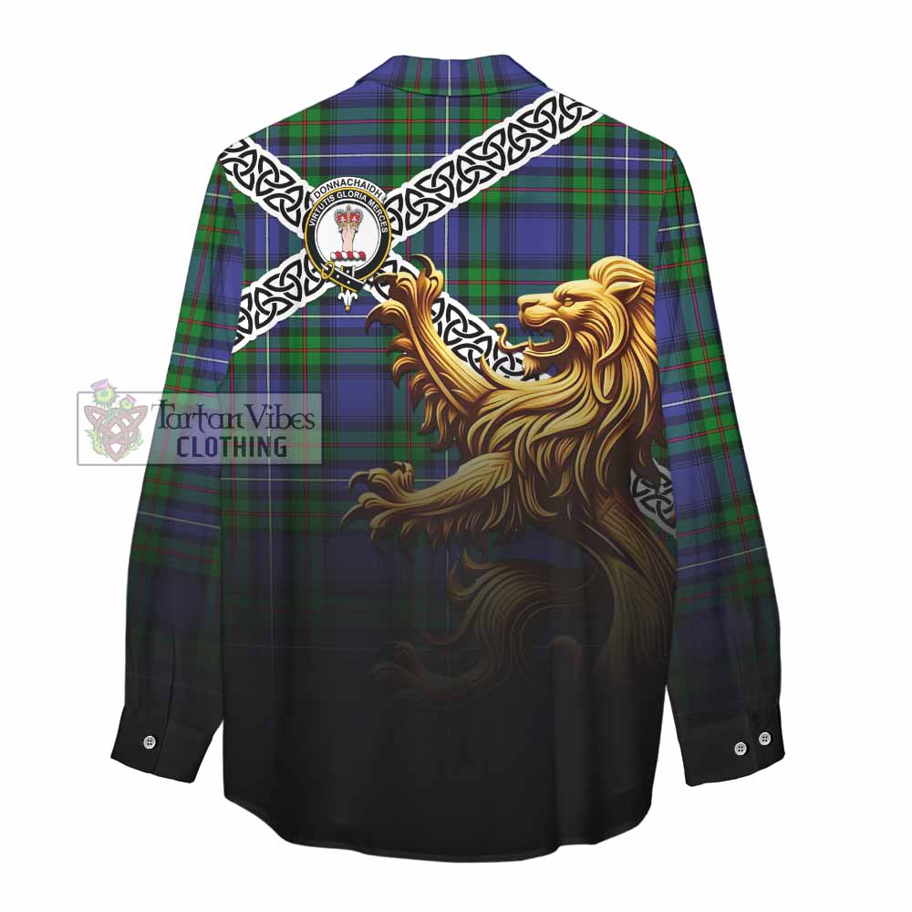 Tartan Vibes Clothing Donnachaidh Crest Tartan Women's Casual Shirt with Golden Lion Emblem Celtic Style