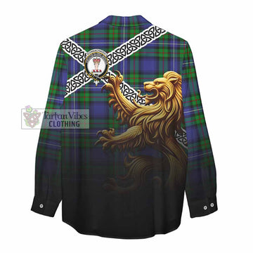 Donnachaidh Crest Tartan Women's Casual Shirt with Golden Lion Emblem Celtic Style