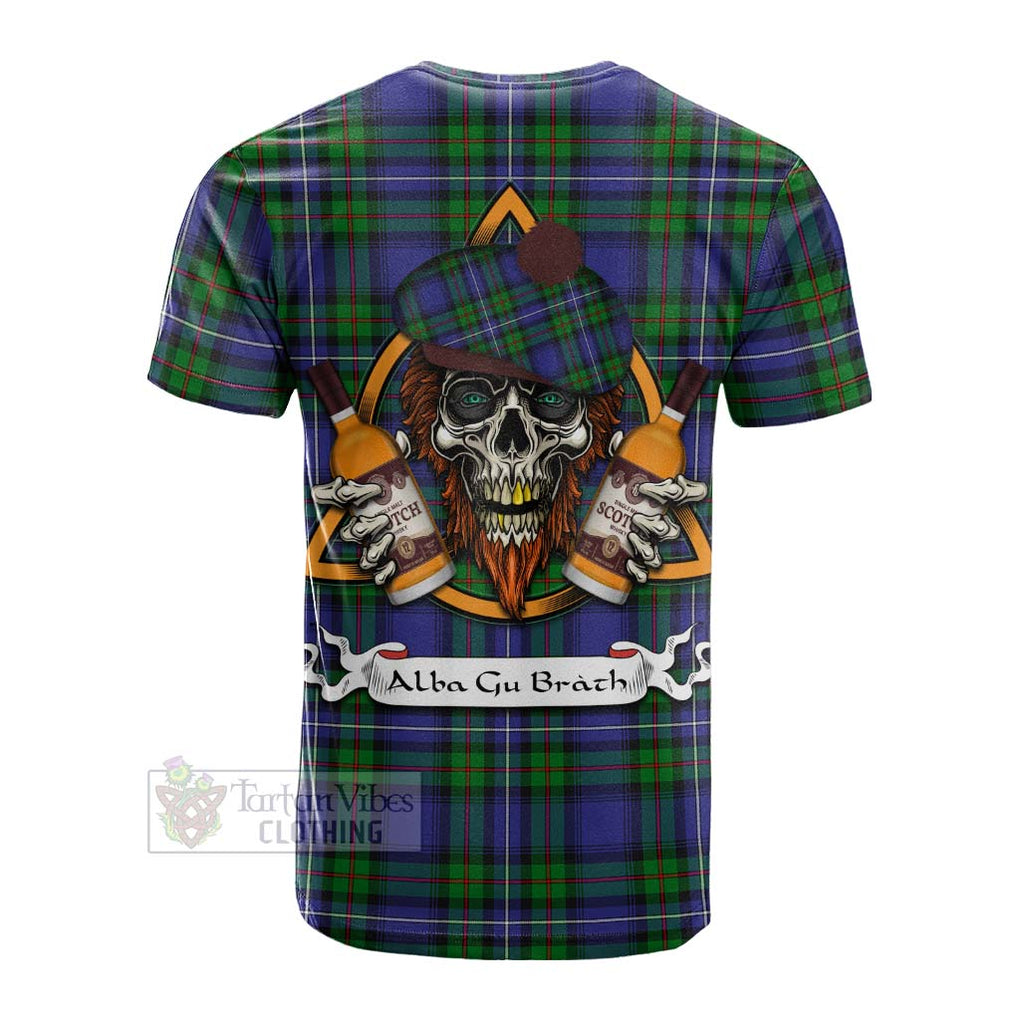 Tartan Vibes Clothing Donnachaidh Tartan Cotton T-shirt with Family Crest and Bearded Skull Holding Bottles of Whiskey