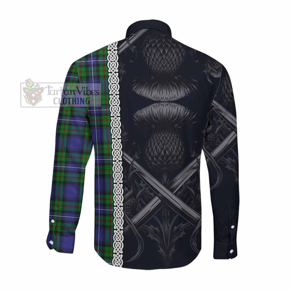 Tartan Vibes Clothing Donnachaidh Tartan Long Sleeve Button Shirt with Family Crest Cross Sword Thistle Celtic Vibes