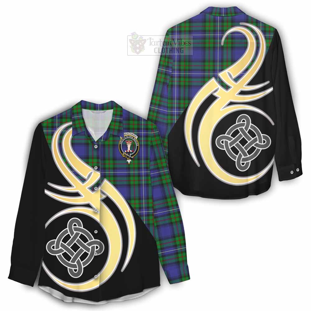 Tartan Vibes Clothing Donnachaidh Tartan Women's Casual Shirt with Family Crest and Celtic Symbol Style