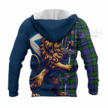 Donnachaidh Tartan Family Crest Knitted Hoodie with Scottish Majestic Lion