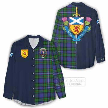 Tartan Vibes Clothing Donnachaidh Tartan Women's Casual Shirt Alba with Scottish Lion Royal Arm Half Style