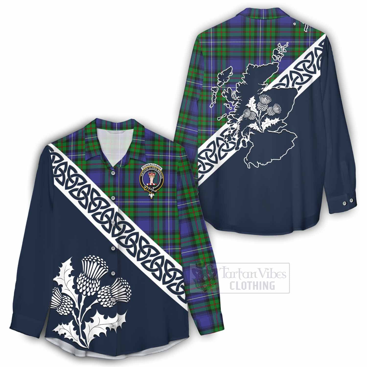 Tartan Vibes Clothing Donnachaidh Tartan Women's Casual Shirt Featuring Thistle and Scotland Map