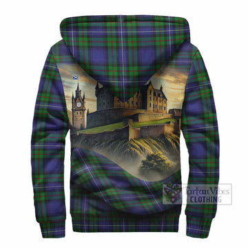 Donnachaidh Tartan Family Crest Sherpa Hoodie with Scottish Ancient Castle Style