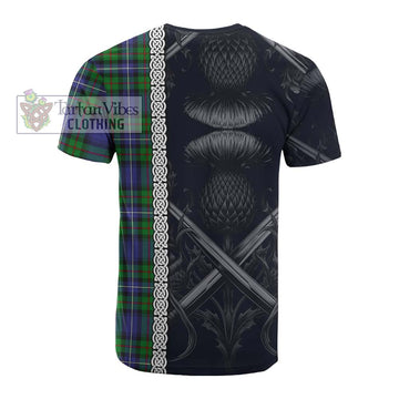 Tartan Vibes Clothing Donnachaidh Tartan Cotton T-shirt with Family Crest Cross Sword Thistle Celtic Vibes